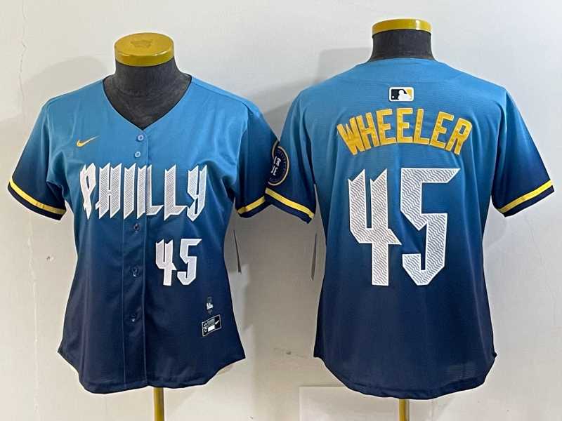 Women%27s Philadelphia Phillies #45 Zack Wheeler Blue 2024 City Player Number Cool Base Stitched Jersey->mlb womens jerseys->MLB Jersey